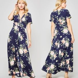 Navy & Peach Floral Print Dress